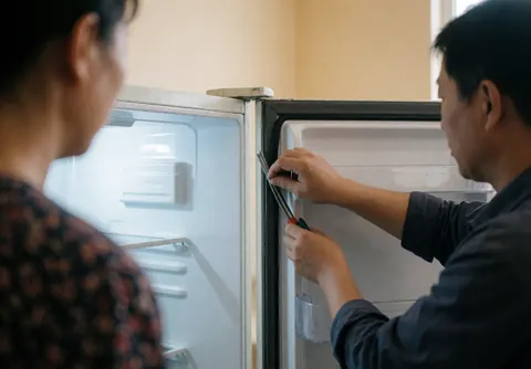 Un technicien installe du joint d'étanchéité sur la porte d'un réfrigérateur blanc tandis qu'un client observe la scène de réparation en arrière-plan.