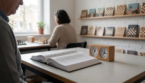 Un livre de théorie ouvert, une pendule en bois et des étagères avec des échiquiers dans une école d'échecs calme.