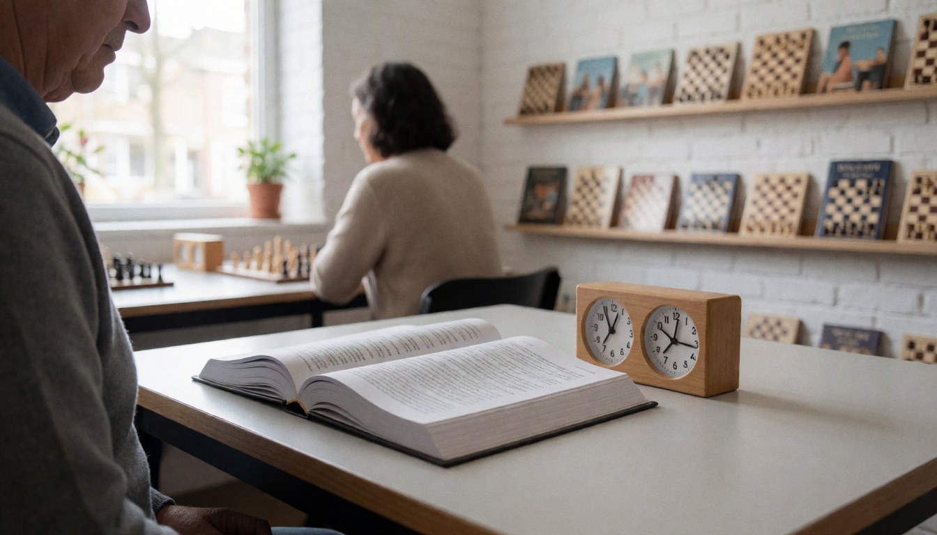 Un livre de théorie ouvert, une pendule en bois et des étagères avec des échiquiers dans une école d'échecs calme.