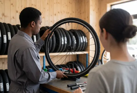 Un mécanicien examine attentivement la roue d'un vélo dans un atelier rempli de pneus et d'outils, tandis qu'une cliente observe le service.