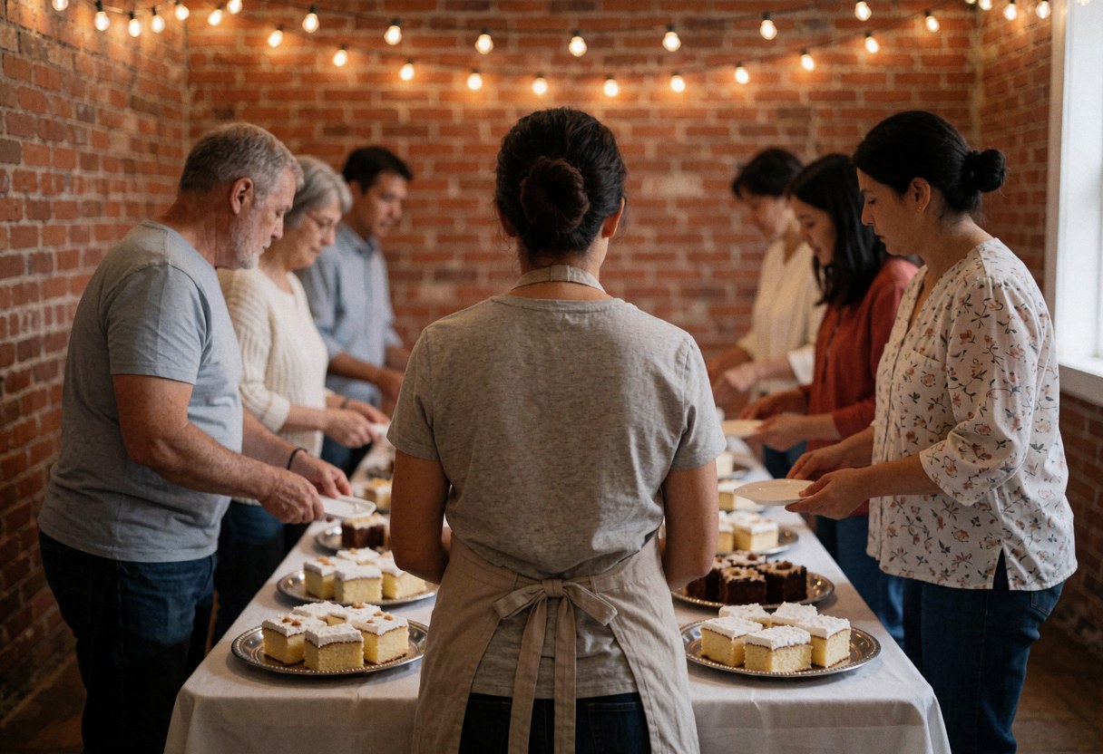 Des clients prennent des desserts sur une longue table avec un mur en briques et des guirlandes lumineuses lors d'un événement de mariage.
