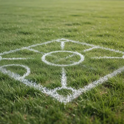 Schéma tactique de football tracé à la craie blanche sur une pelouse verte, montrant des lignes géométriques pour un entraînement d'équipe.