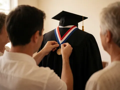 Un photographe ajuste une médaille avec un ruban tricolore rouge, blanc et bleu sur la robe d'un étudiant dans un cadre lumineux.