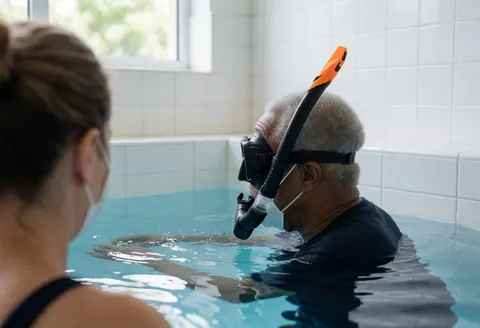 Un entraîneur de natation portant un tuba et un masque dans une piscine, observé par une autre personne équipée d'un masque, avec des murs carrelés blancs et une eau claire.
