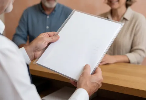 Des mains professionnelles placent un document blanc sur une table en bois dans un bureau avec des murs en plâtre terracotta.