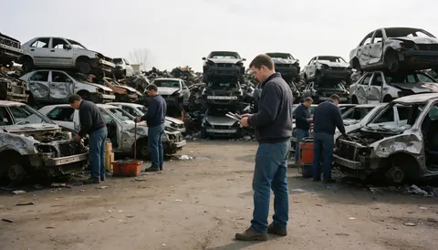 Des ouvriers examinent des carcasses de voitures endommagées dans un atelier de recyclage, entourés d'outils et de piles de carrosseries métalliques.