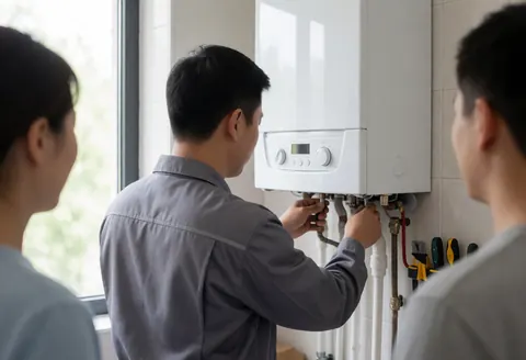 Technicien installant une chaudière à gaz dans une salle de bain avec des carreaux et des outils suspendus, service de chauffage en action.