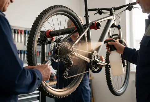 Un mécanicien rince la chaîne d'un vélo de montagne avec un spray dans un atelier, des outils sont accrochés au mur pendant la réparation.