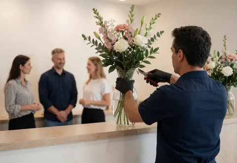 Un floriste ajuste un bouquet dans un vase en verre transparent sur un comptoir, avec des clients en arrière-plan.
