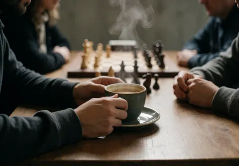 Une tasse de café fumant posée sur un plateau en bois dans une école d'échecs aux murs de béton.