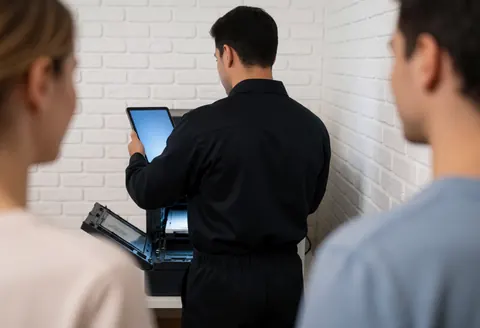 Un technicien examine une imprimante ouverte à l'aide d'une tablette, devant un mur en briques blanches tandis que deux personnes observent depuis l'arrière-plan.