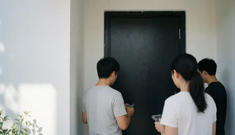 Trois travailleurs posent une porte noire sur une entrée moderne avec murs blancs et lumière naturelle, idéal pour les services d'installation de portes.