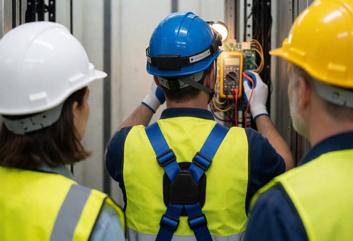 Un technicien en casque bleu et gilet jaune examine un panneau de contrôle avec un multimètre, tandis que deux collègues observent dans la cabine.