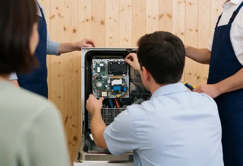 Un technicien répare le panneau de contrôle d'un lave-vaisselle avec des outils dans un atelier aux murs en bois.