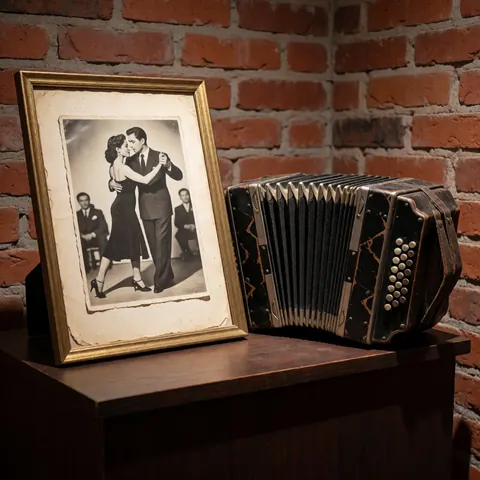 Photo encadrée d'un couple dansant le tango en studio, avec un bandonéon ancien sur un piédestal en bois et un mur de briques rouges en arrière-plan.