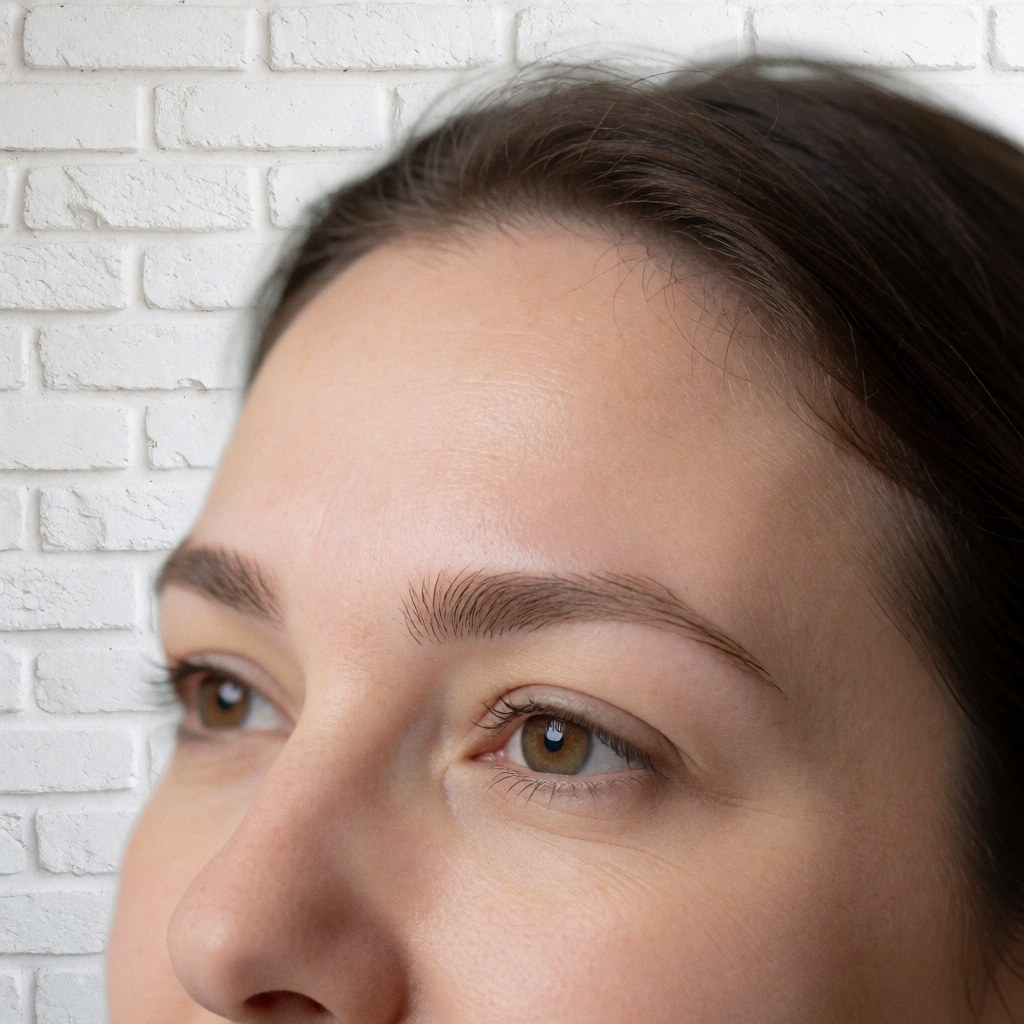 Gros plan sur un front lisse et des sourcils bien dessinés, éclairage doux sur un mur de briques blanches pour illustrer les soins capillaires.