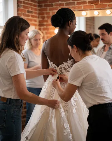 Un coordinateur de mariage ajuste soigneusement la traîne d'une robe blanche dans une pièce avec des murs en briques rouges et un miroir éclairé.