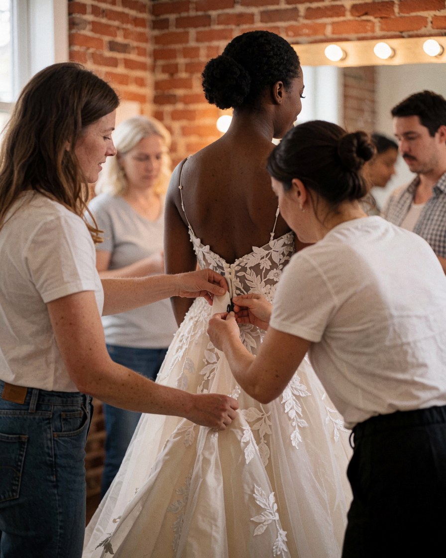 Un coordinateur de mariage ajuste soigneusement la traîne d'une robe blanche dans une pièce avec des murs en briques rouges et un miroir éclairé.