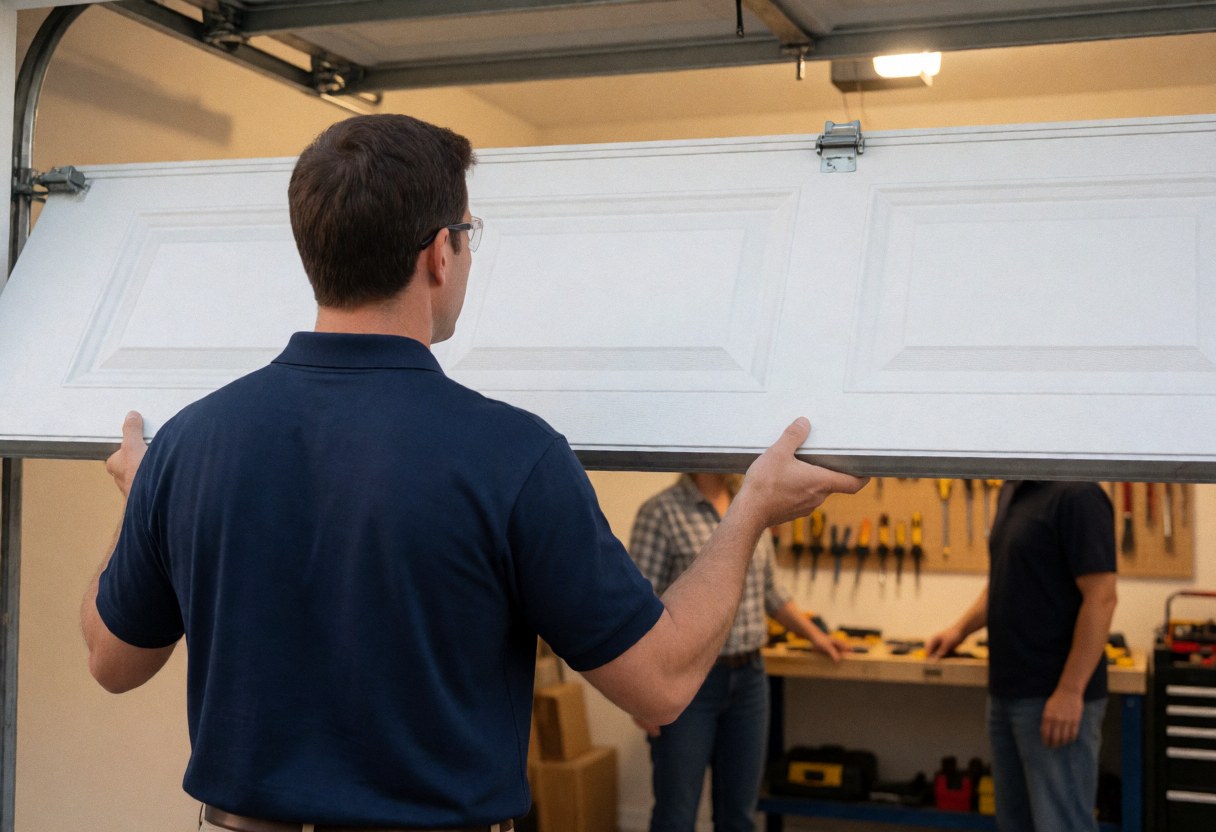 Un technicien portant des lunettes soulève un panneau blanc de porte de garage dans un atelier avec des outils accrochés au mur et des lumières au plafond.