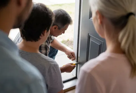 Un artisan ajuste le joint d'étanchéité extérieur avec un outil pendant que des clients observent la prestation de service.
