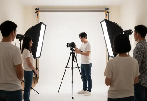 Photographe professionnel en studio avec fond blanc, softbox et équipement, entouré de personnes observant le service.