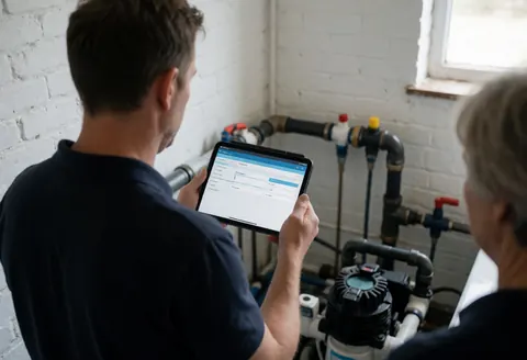Technicien vérifiant l'équipement de piscine avec une tablette tandis qu'un client observe, murs en briques blanches visibles.
