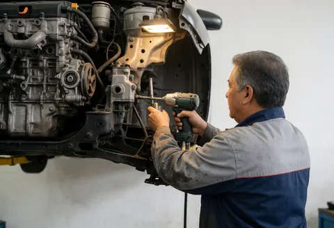 Un mécanicien travaille sur le châssis d'une automobile avec une clé à choc dans un atelier de recyclage de véhicules aux murs blancs et à l'éclairage industriel.