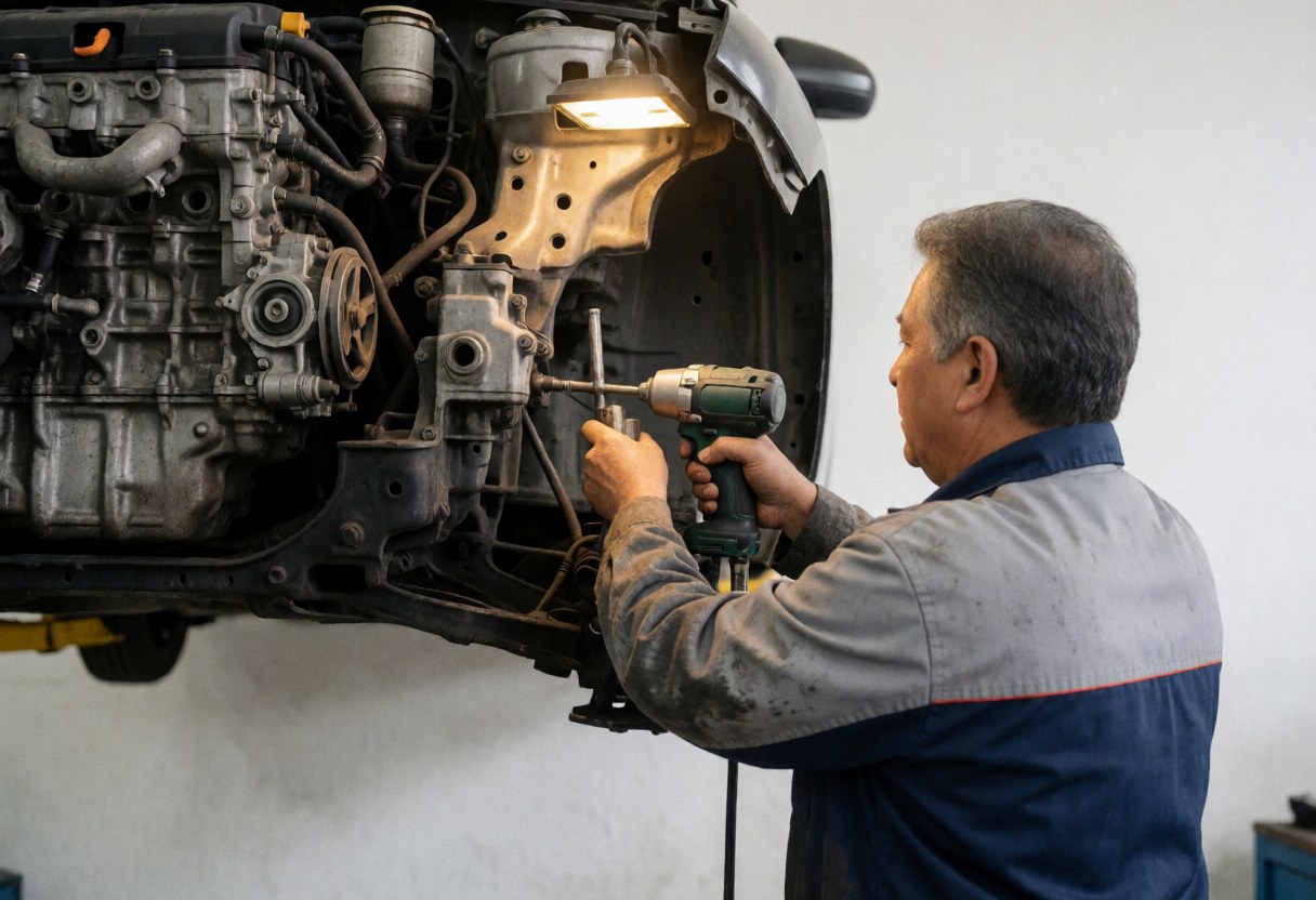 Un mécanicien travaille sur le châssis d'une automobile avec une clé à choc dans un atelier de recyclage de véhicules aux murs blancs et à l'éclairage industriel.