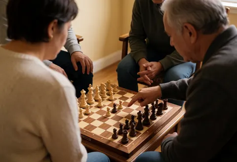 Un maître d'échecs enseigne une stratégie à un étudiant dans une salle aux murs beiges, avec un échiquier en bois visible.