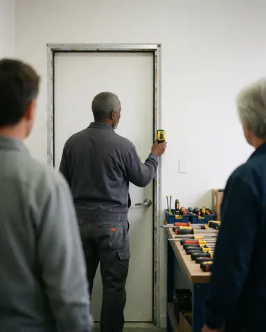 Un technicien mesure un cadre de porte avec des outils sur une table devant un mur blanc, dans un atelier d'installation.