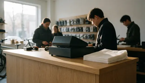Caisse enregistreuse noire posée sur un comptoir en bois clair dans un magasin de vélos, avec des étagères d'accessoires et du personnel travaillant en arrière-plan flou.