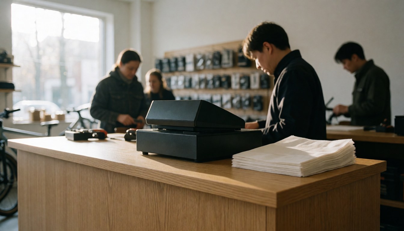 Caisse enregistreuse noire posée sur un comptoir en bois clair dans un magasin de vélos, avec des étagères d'accessoires et du personnel travaillant en arrière-plan flou.