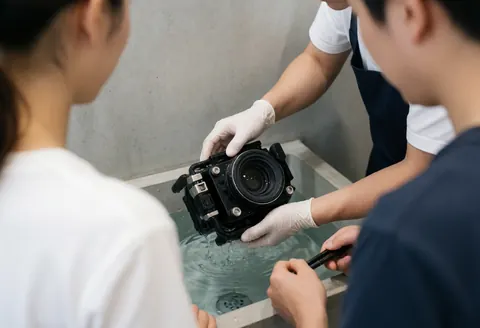 Trois individus regardent un technicien nettoyer une caméra sous-marine dans un bac en eau avec des outils sur fond de mur en béton.