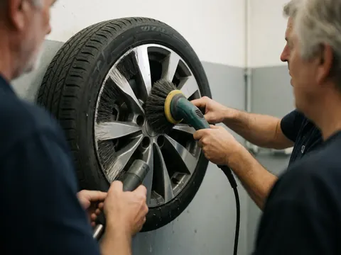 Deux personnes nettoient une roue de voiture à l'aide d'un pinceau et d'eau, devant un mur gris propre, illustrant un service de lavage professionnel.