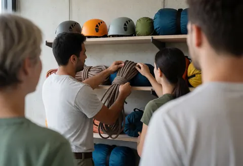 Personnel inspectant des cordes de sécurité dans un refuge de montagne, avec casques et sacs de randonnée disposés sur des étagères en arrière-plan.