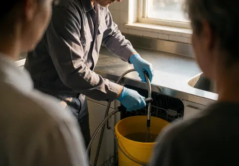 Un technicien portant des gants bleus installe un système de drainage dans un lave-vaisselle, avec un seau jaune et une lumière naturelle, illustrant un service de réparation en cours.