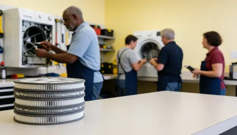 Atelier de réparation de sèche-linge avec techniciens travaillant et nouveaux filtres au premier plan sur une table blanche.