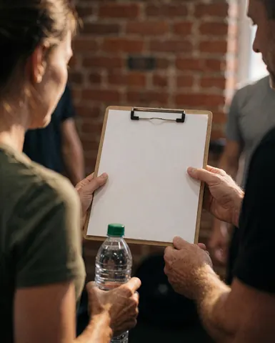 Un entraîneur montre un programme d'entraînement sur une tablette à un client dans un gymnastique avec un mur en briques, tenant une bouteille d'eau.