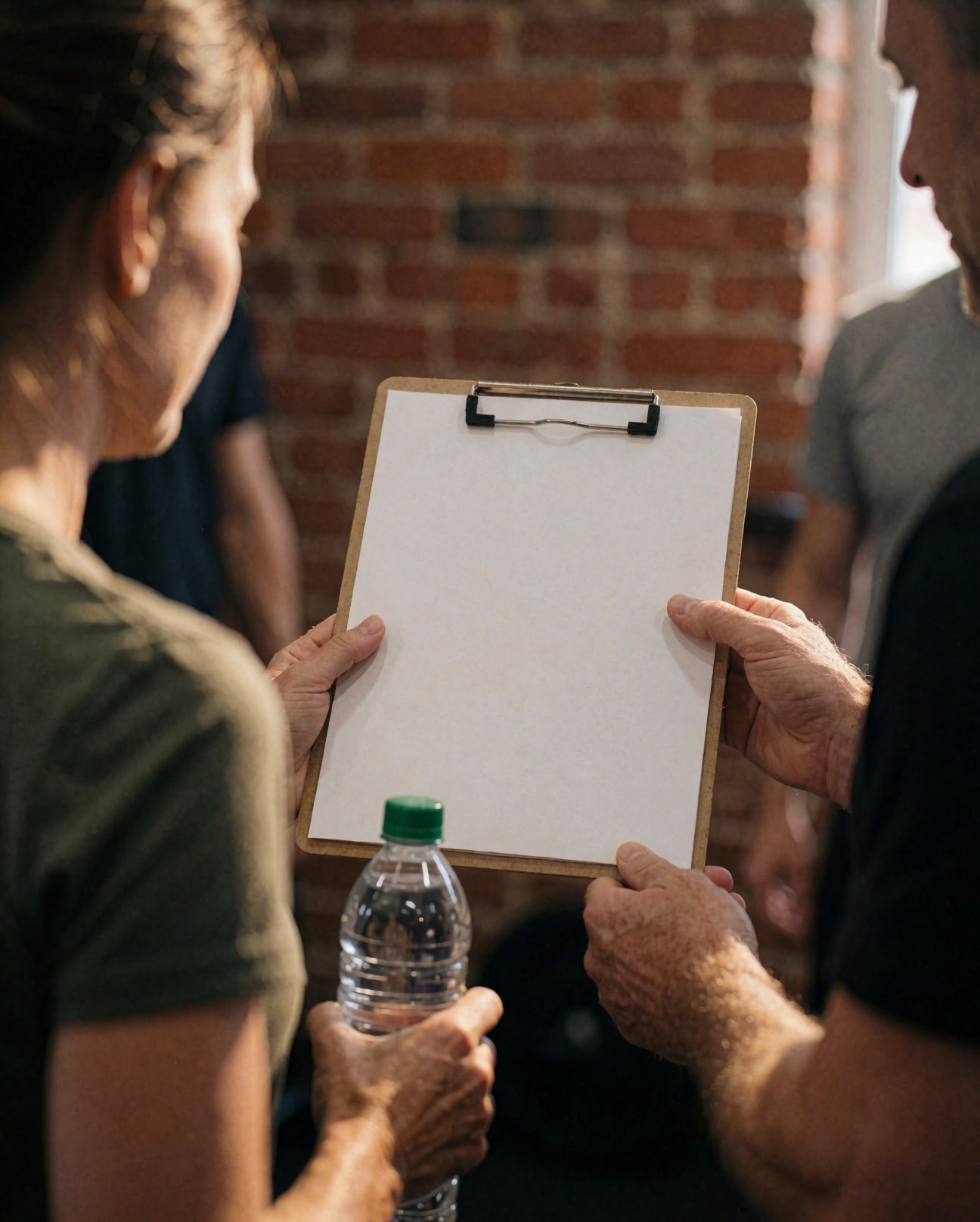 Un entraîneur montre un programme d'entraînement sur une tablette à un client dans un gymnastique avec un mur en briques, tenant une bouteille d'eau.