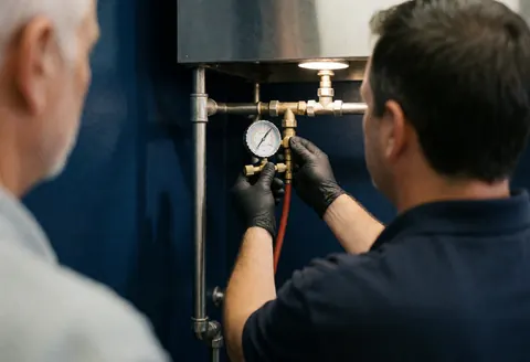 Un technicien ajuste un manomètre sur une vanne en bronze sous une cuisinière tandis qu'un client observe, devant un mur bleu foncé.