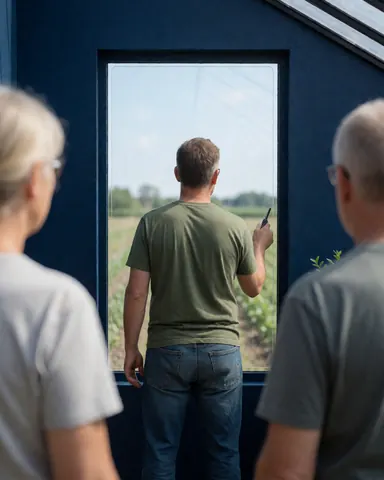 Un homme vérifie la propreté d'une vitre de serre tandis que deux personnes l'observent depuis l'arrière, avec un mur bleu foncé et un champ en arrière-plan.