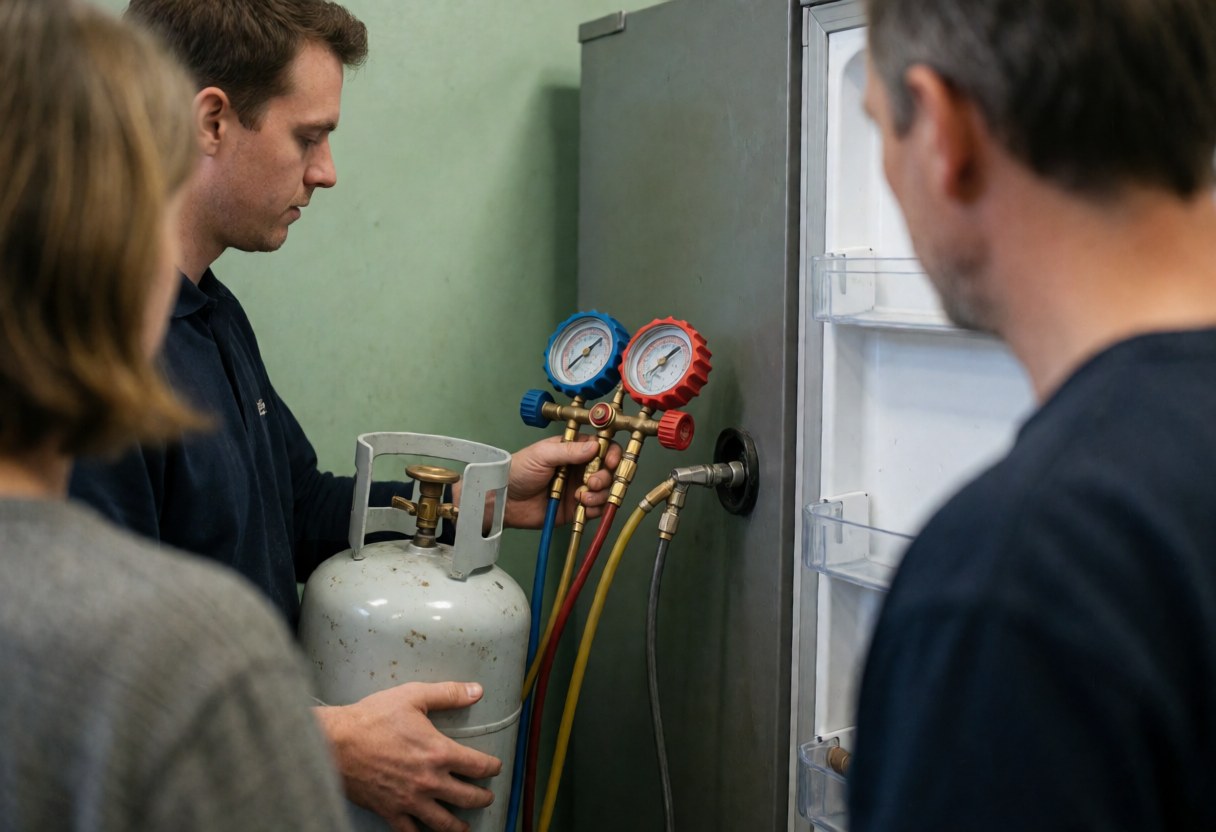 Un technicien connecte un manomètre à un réfrigérateur ouvert tandis que trois personnes observent la réparation.