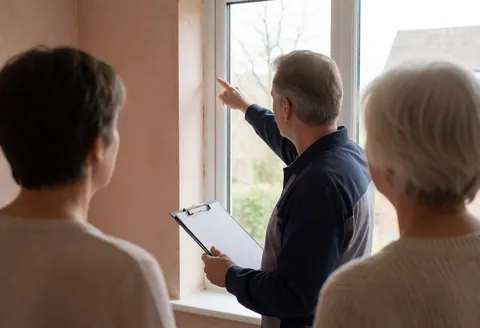 Un technicien en uniforme pointe vers un cadre de fenêtre pendant que deux clients observent dans une pièce aux murs clairs.