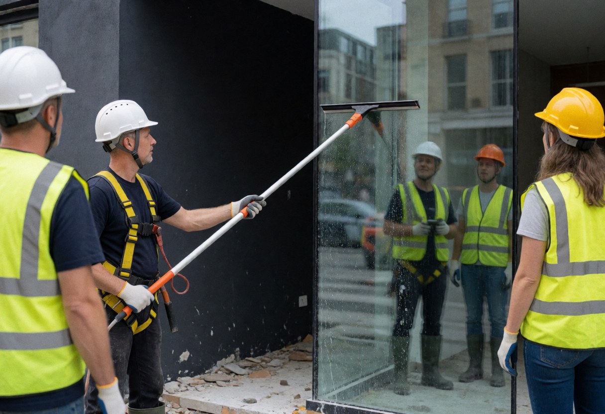 Un ouvrier utilise un long soufflet pour nettoyer un panneau de verre sur un chantier, avec des murs noirs et des reflets urbains visibles. L'équipement de sécurité est clairement apparent.