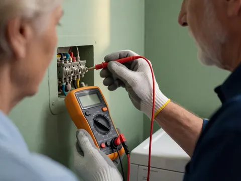 Un technicien en gants mesure le voltage sur la borne d'une machine à laver avec un multimètre devant un mur vert.
