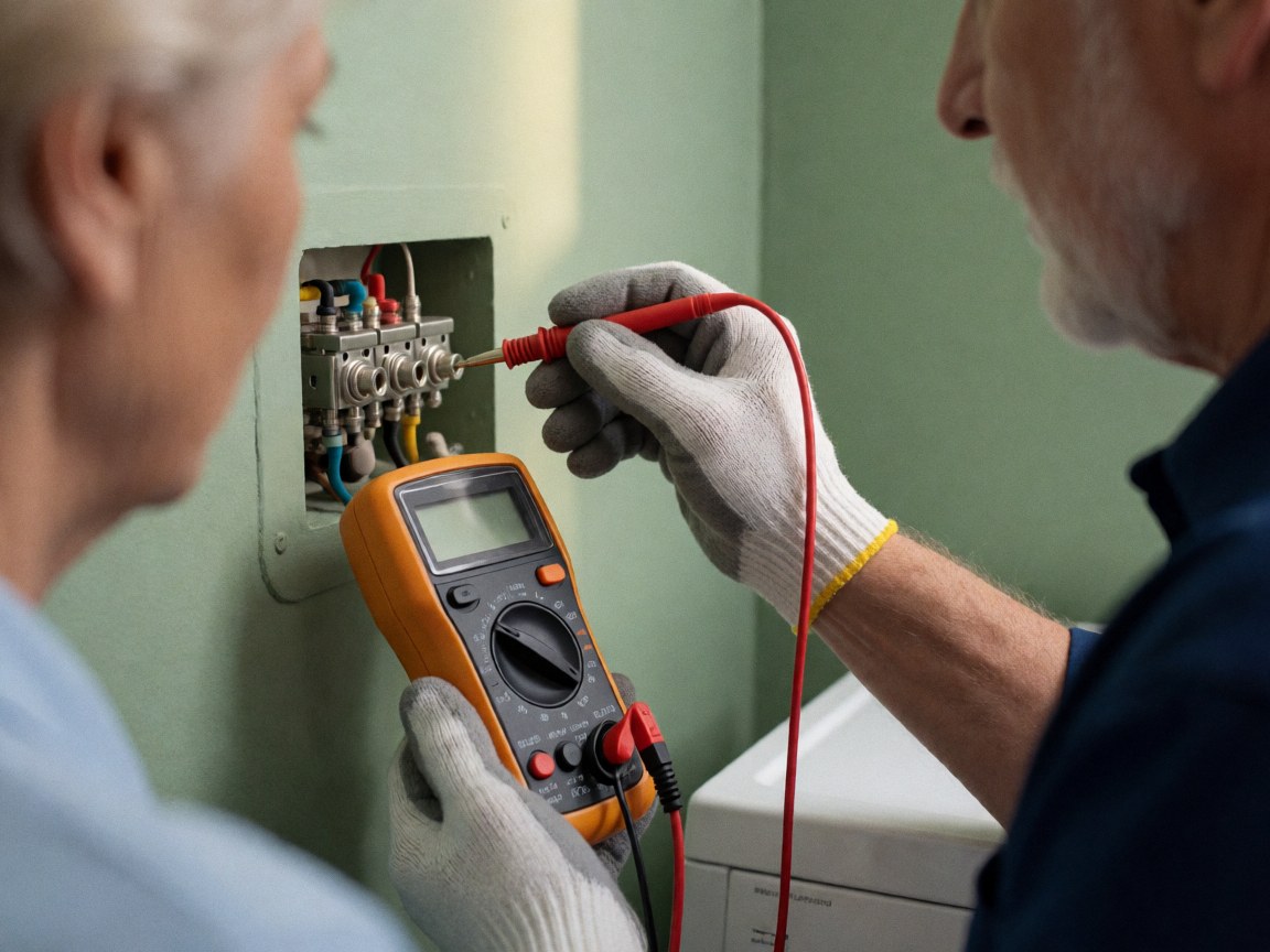 Un technicien en gants mesure le voltage sur la borne d'une machine à laver avec un multimètre devant un mur vert.
