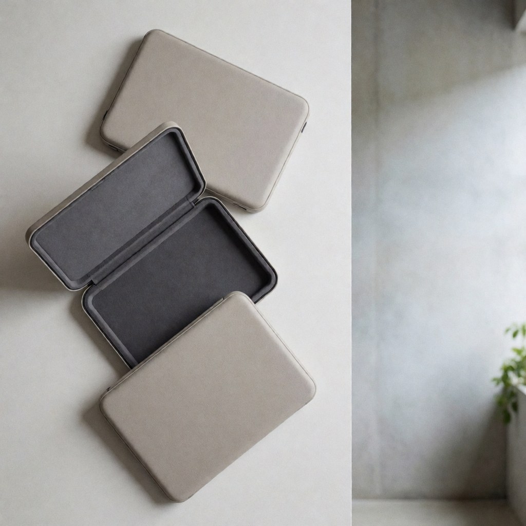 Trois housses neutres pour ordinateur portable avec intérieur rembourré disposées sur une surface blanche, idéales pour un magasin de réparation d'ordinateurs.