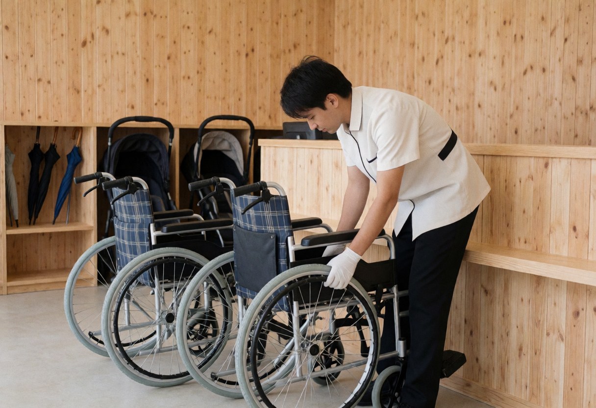 Employé de zoo inspectant les roues de fauteuils roulants dans une zone de location avec des murs en bois clair et des fauteuils disponibles.