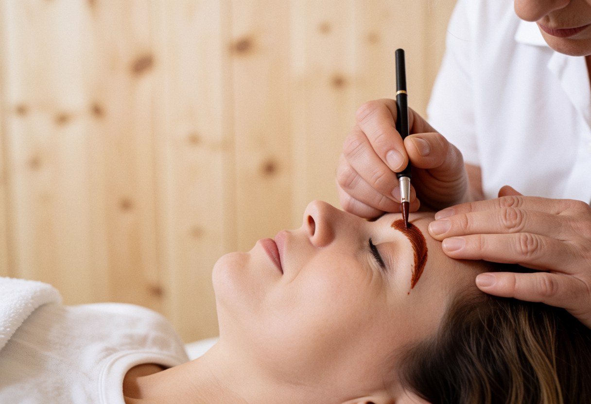Une main utilise un pinceau fin pour appliquer du henné sur une sourcil dans un salon de beauté avec un mur en bois clair en arrière-plan.