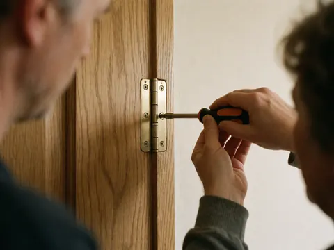 Une main ajuste une vis sur une charnière en bronze fixée à une porte en bois dans un intérieur aux murs peints.